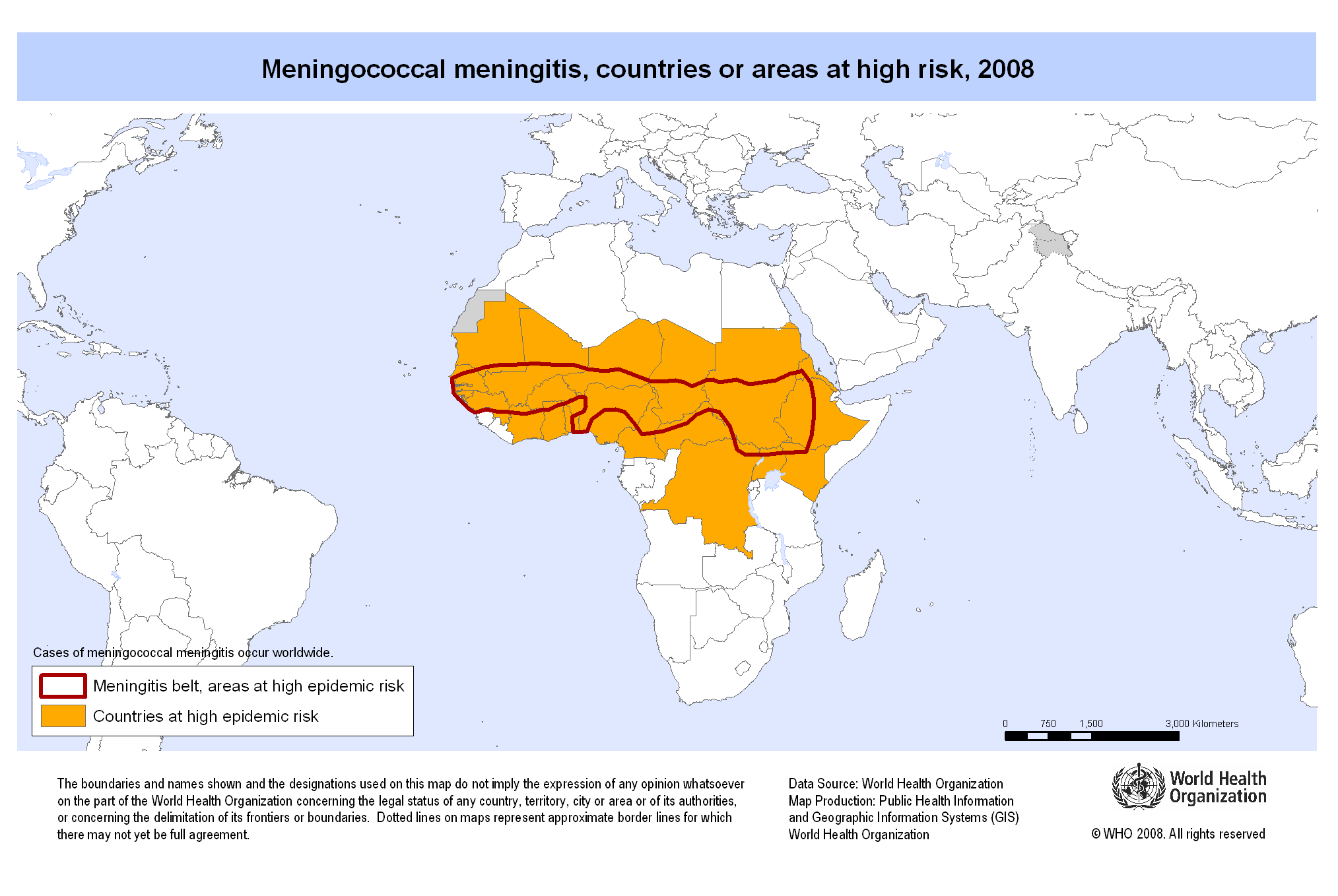 Areas of risk for Meningococcal meningitis