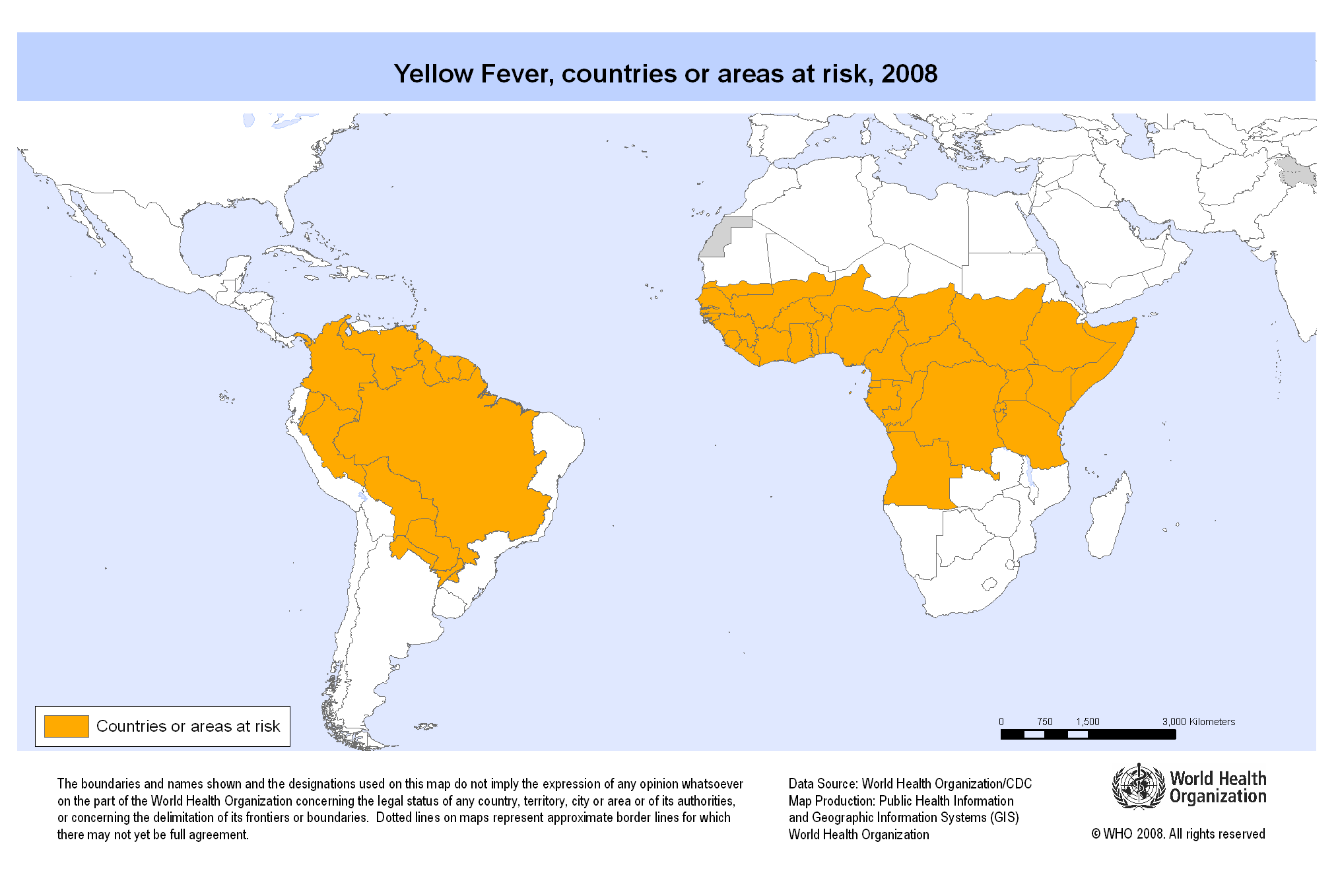 Areas of risk for Yellow fever