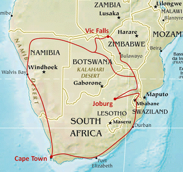 Map for Southern Africa Overland